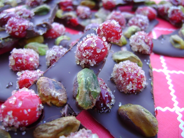 Sugared cranberry and Pistachio Chocolate Bark